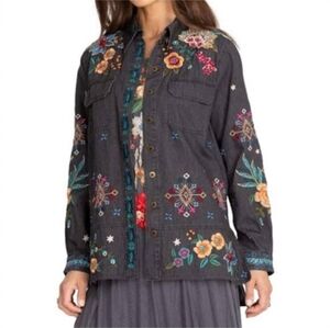 Johnny Was Francisca Shirt Jacket Peacock Women's L Boho Western Shacket Floral